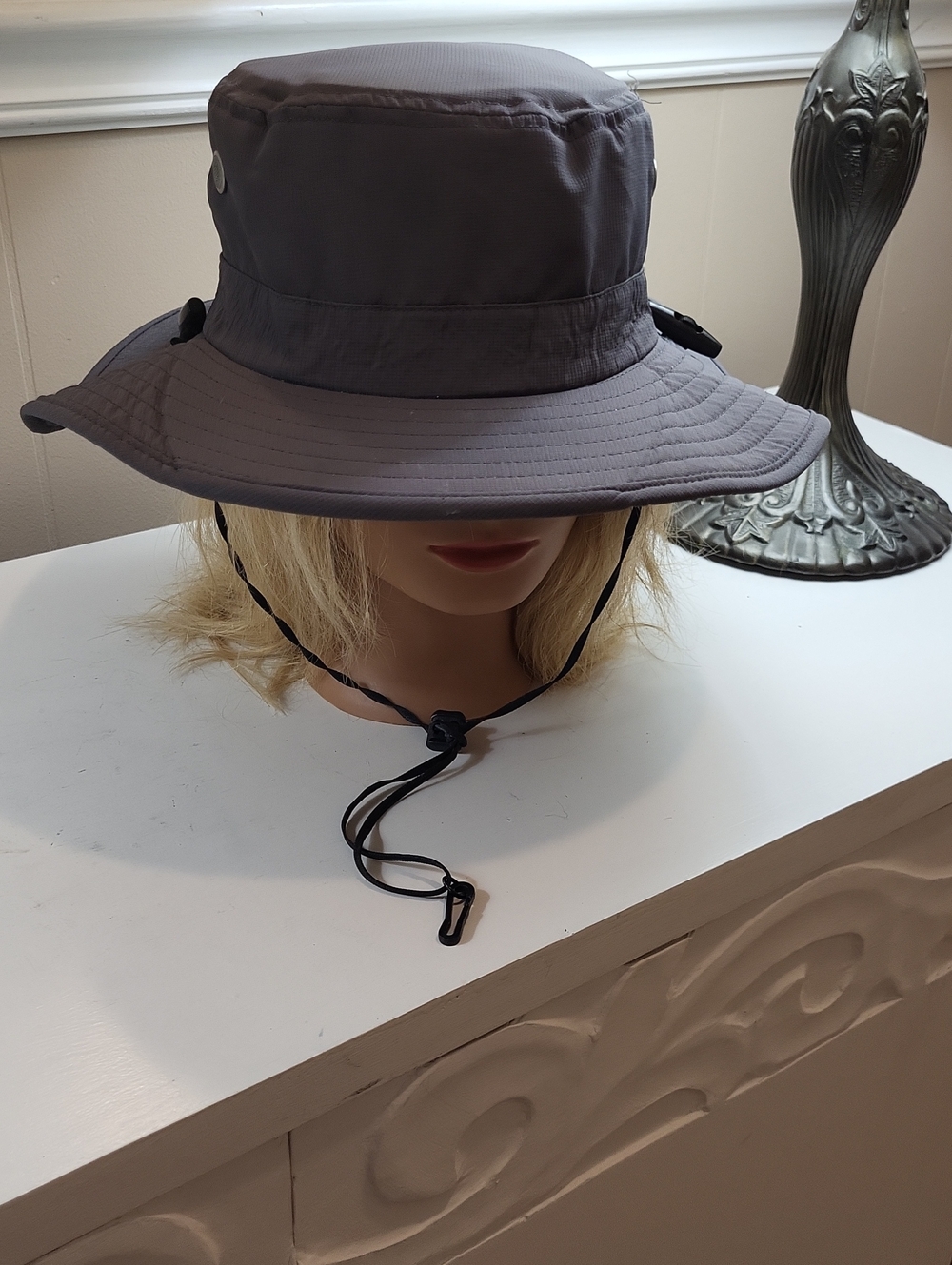 Swiss Tech Women's Wide-Brim Bucket Hat in Gray with Chin Strap